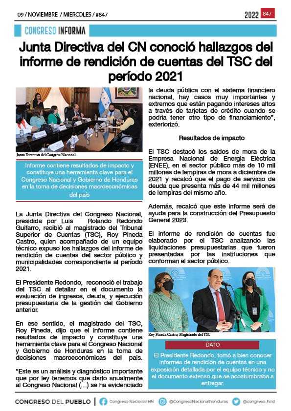 Junta Directiva del CN conoció hallazgos del informe de rendición de cuentas del TSC del período 2021